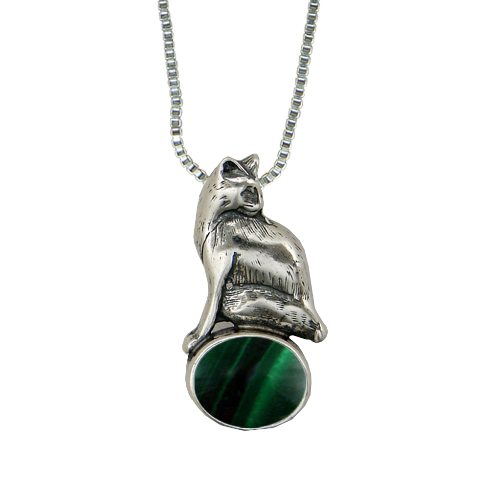 Sterling Silver Cat Looking For Mouse Pendant With Malachite